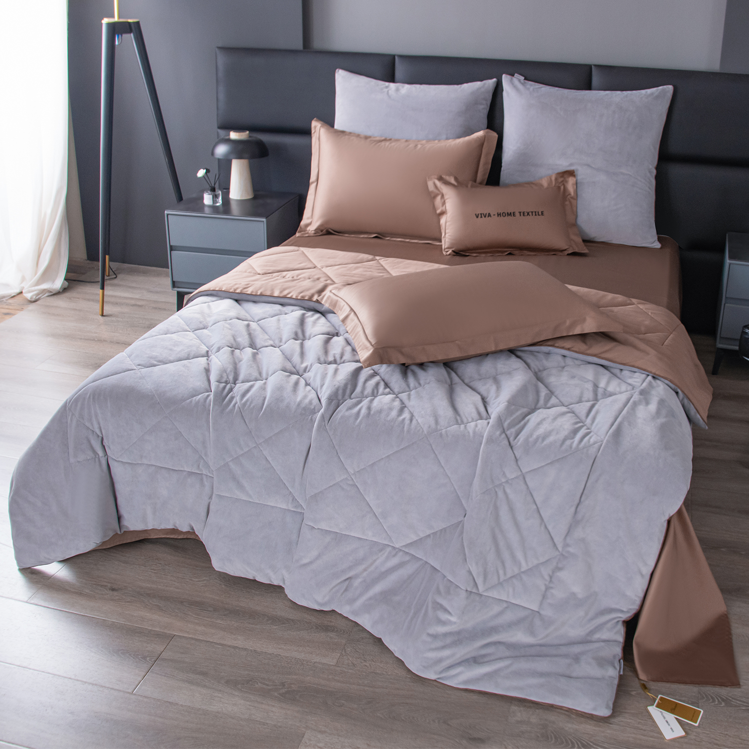 Комплект постельного белья на резинке Сатин Velvet Premium с Одеялом VPR003 180*200*25/Евро/4 Наволочки