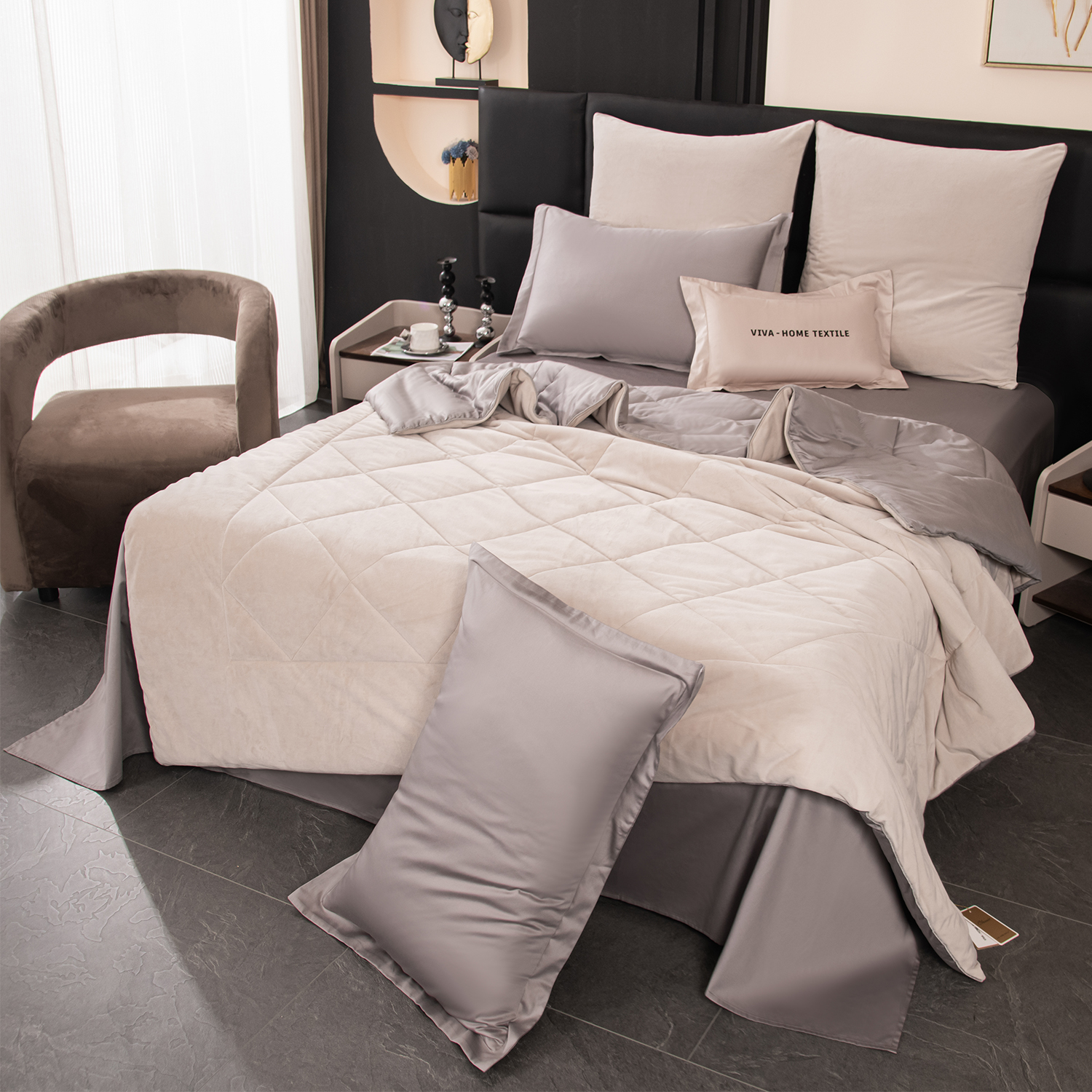 Комплект постельного белья на резинке Сатин Velvet Premium с Одеялом VPR010 140*200*25/Евро/4 Наволочки